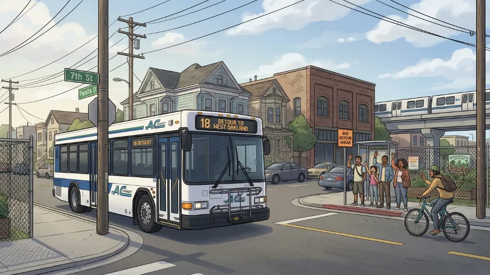 AC Transit bus on detour route in West Oakland neighborhood with street signs visible
