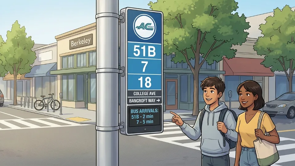 Close-up view of new bus stop sign and pole at Berkeley street corner with route number displays and updated location markers, urban sidewalk setting