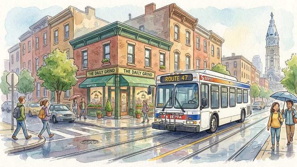 Philadelphia storefront with SEPTA bus passing on city street
