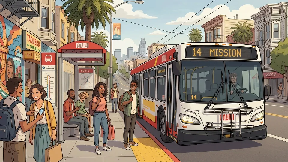 San Francisco bus at Mission District stop with passengers waiting to board