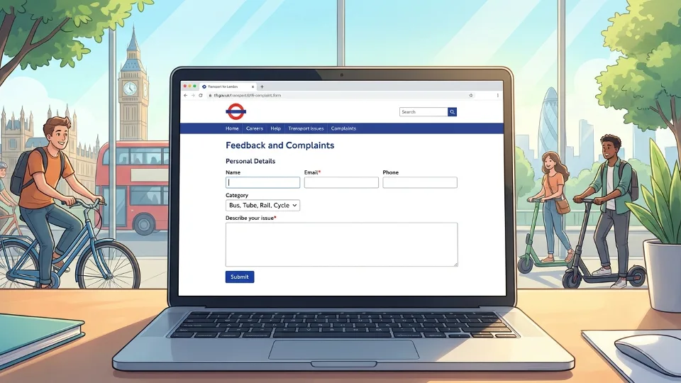 TfL complaint form on computer screen showing official transport authority website