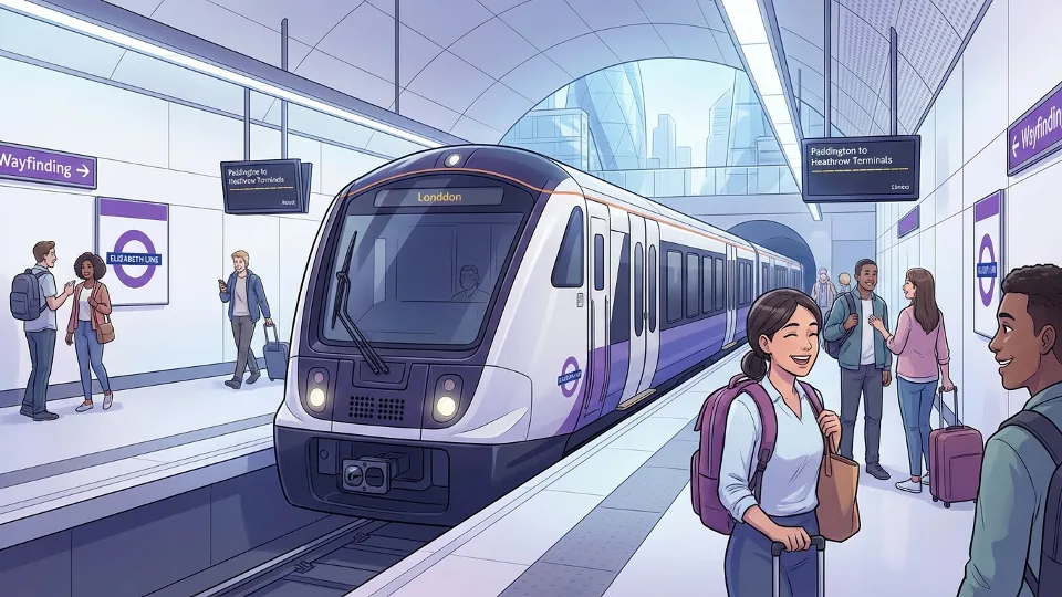 Elizabeth Line train at platform serving Paddington to Heathrow route