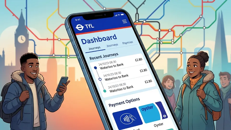 TfL online account dashboard displayed on smartphone screen showing journey history and payment options with London Underground map in background