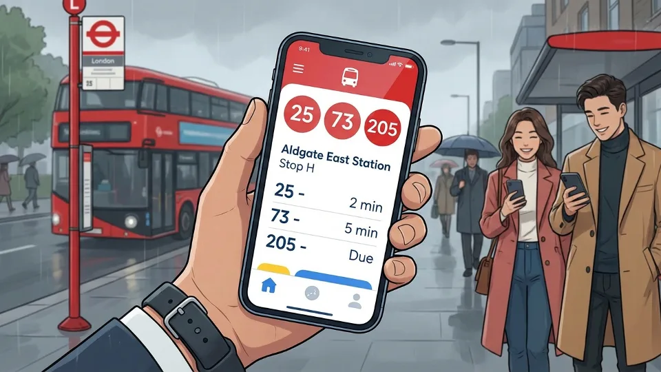 Close-up of a smartphone displaying a bus tracking app with arrival time information at a London bus stop