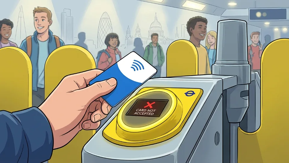 Close-up of contactless payment card being held near transit gate reader with error message display