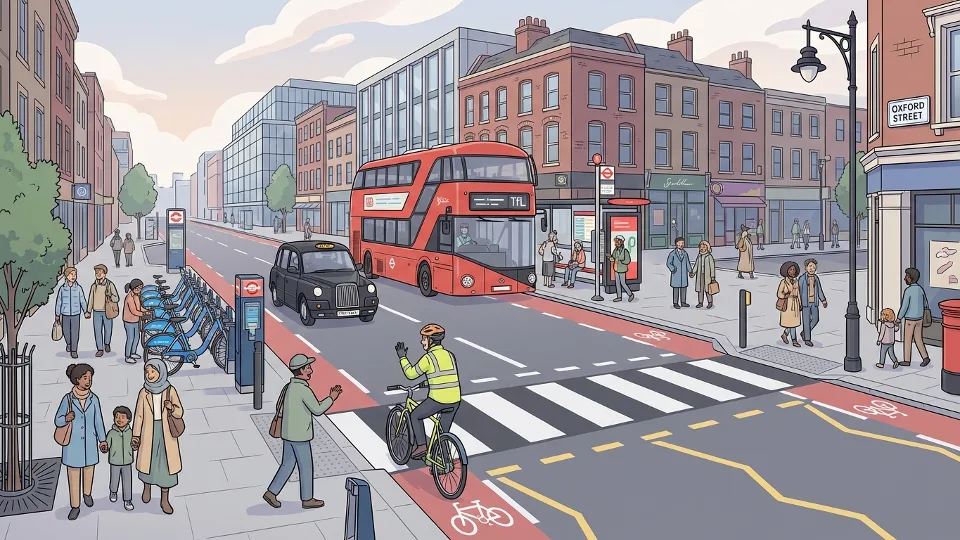 London street scene showing typical urban road conditions with pedestrians, cyclists, and TfL infrastructure