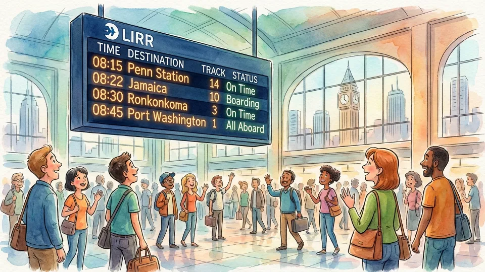 LIRR station departure board showing train schedules and track information