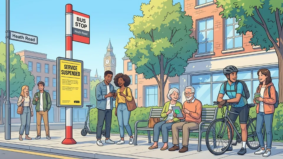 Bus stop sign on Heath Road with 'service suspended' notice and passengers waiting nearby
