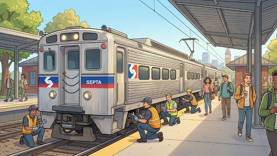 SEPTA Silverliner IV train at suburban Philadelphia Regional Rail station platform with maintenance workers visible near the train