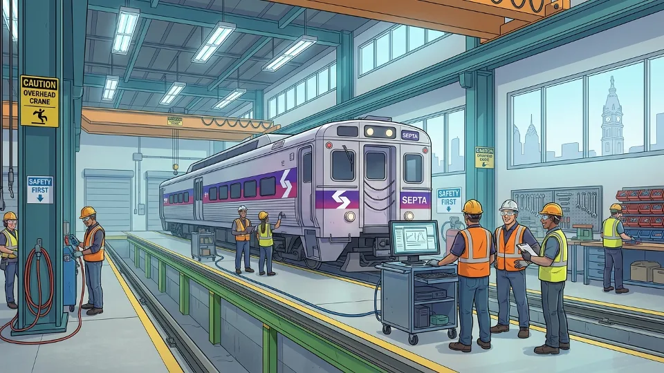 SEPTA maintenance facility interior showing Regional Rail car undergoing inspection with technical equipment and safety signage visible