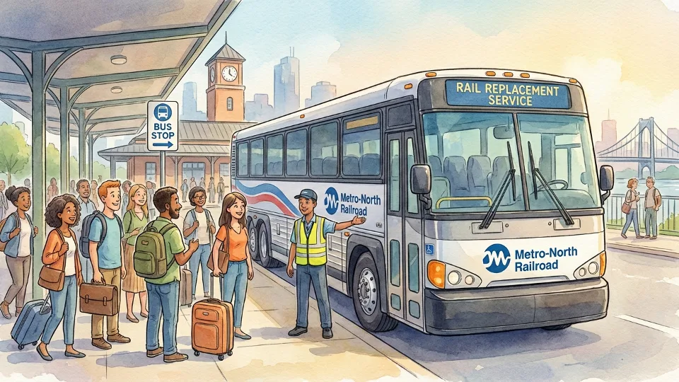 Metro-North bus providing replacement service at station with passengers waiting