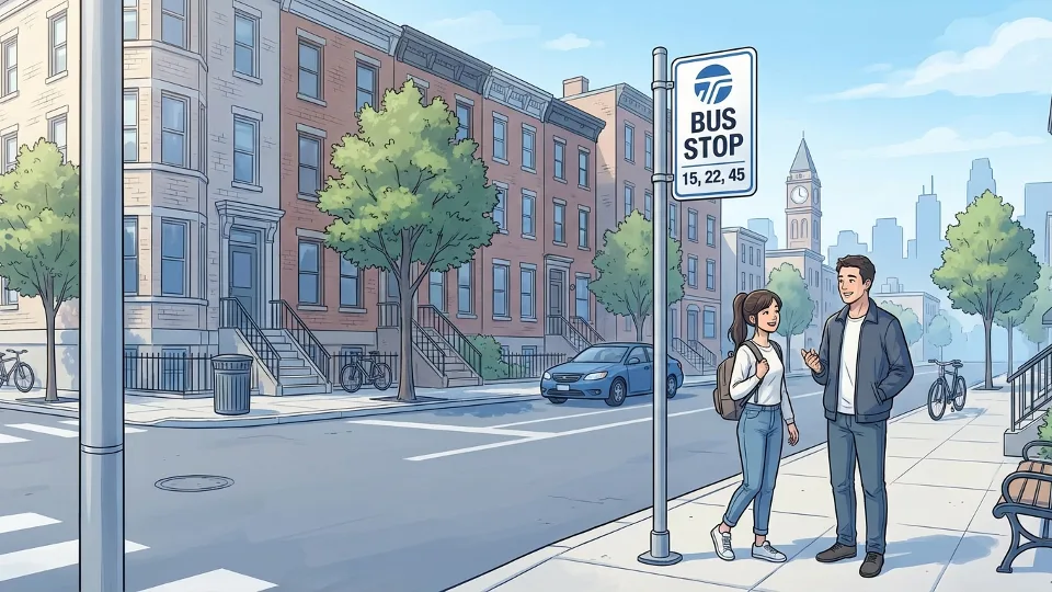 Transit bus stop sign with route numbers displayed, urban residential street setting