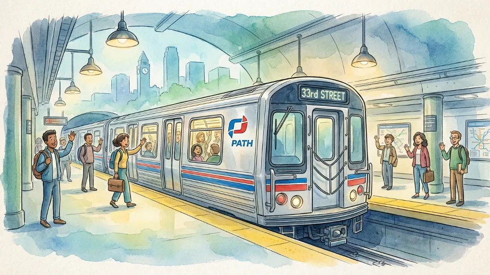 PATH train exterior showing route signage at Jersey City station