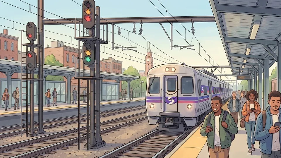 SEPTA Chestnut Hill West line train approaching station with track signals visible in foreground