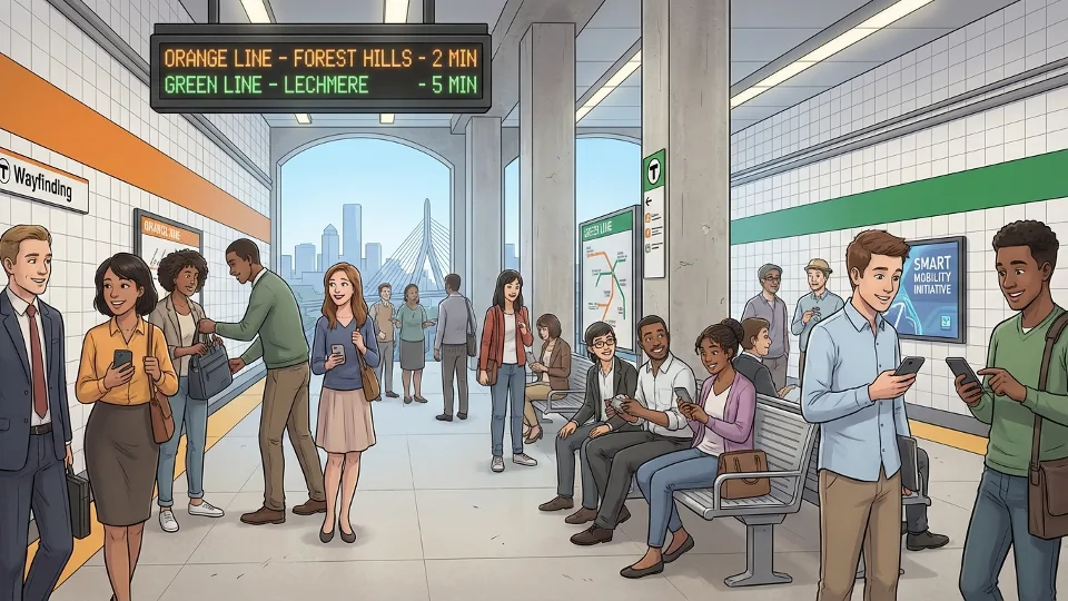 Interior of busy Boston transit station showing platforms and waiting passengers