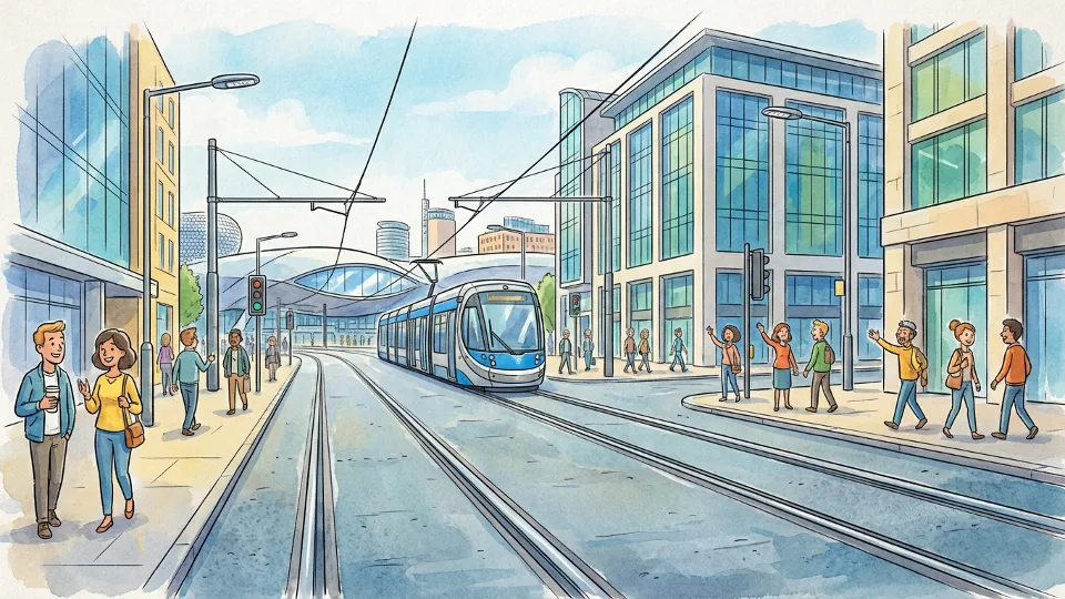 West Midlands tram tracks and overhead power lines near Grand Central area, showing transit infrastructure and urban streetscape, perspective view along the route