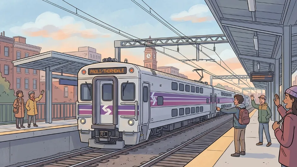 SEPTA Regional Rail train departing from station showing route signage