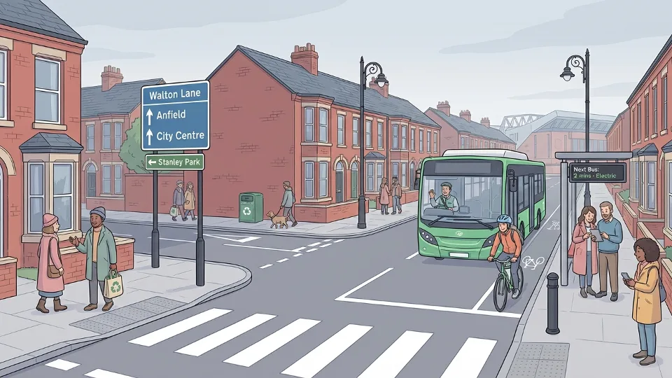 Urban street intersection in Liverpool with directional road signs showing Walton Lane and residential buildings