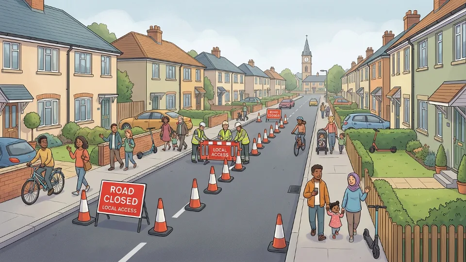 Residential street in Walton with road closure signs and traffic cones blocking one direction of travel
