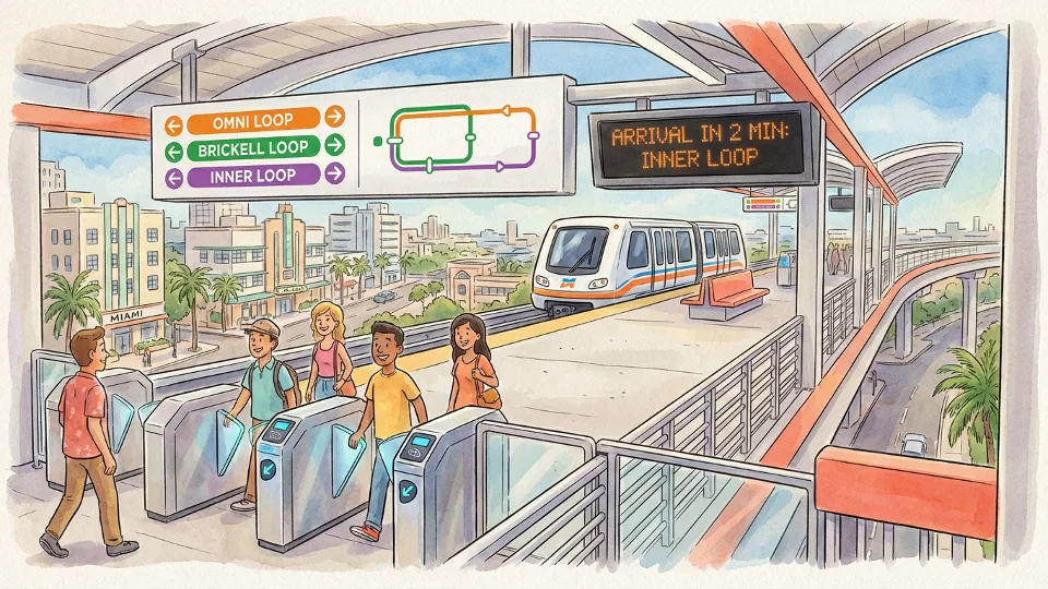 Metromover station platform with fare gates and wayfinding signage showing loop routes