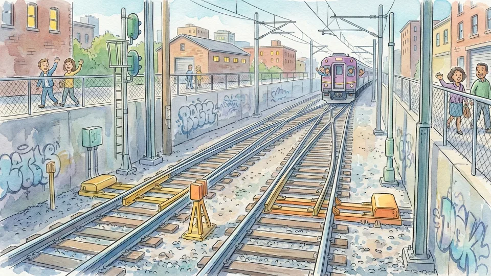 MBTA commuter rail tracks and switch equipment in urban rail corridor