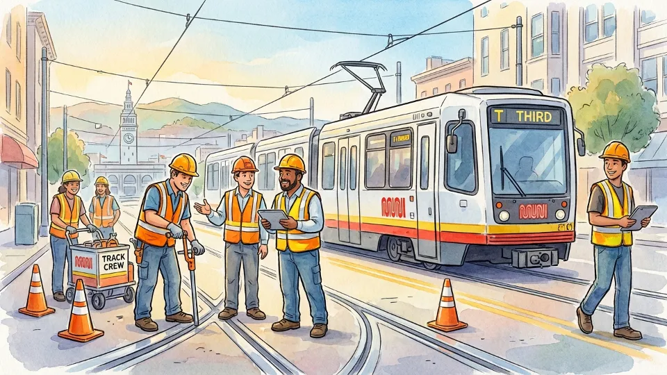 San Francisco Muni maintenance crew working on light rail tracks with transit vehicle in background