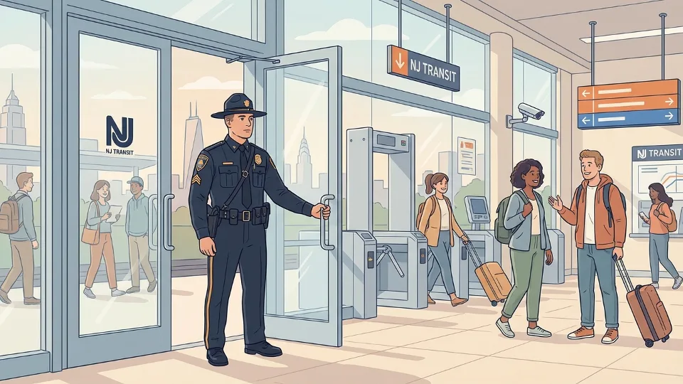 NJ Transit police officer standing at transit facility entrance with security equipment visible