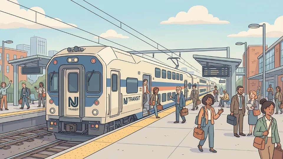 NJ Transit train at busy station platform with passengers boarding during daytime