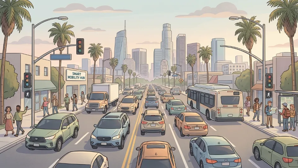 Los Angeles street scene showing multiple lanes of traffic with downtown skyline in distance, illustrating urban traffic conditions