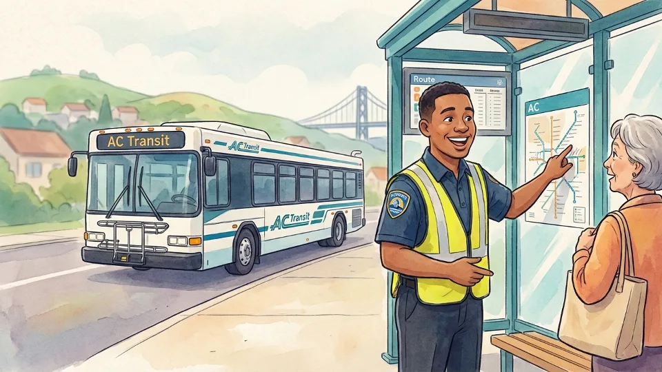 AC Transit employee assisting passenger at bus stop with transit vehicle in background