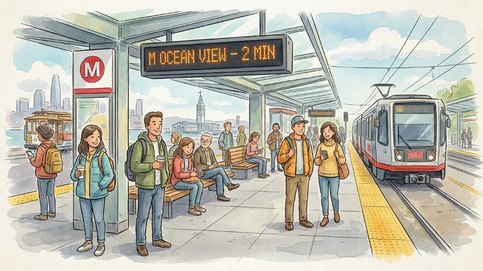 Muni Metro platform with passengers waiting for light rail train, digital arrival board showing M Ocean View route