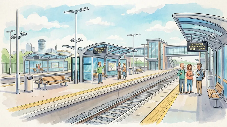 Transit station platform with modern infrastructure and signage, prepared for future service