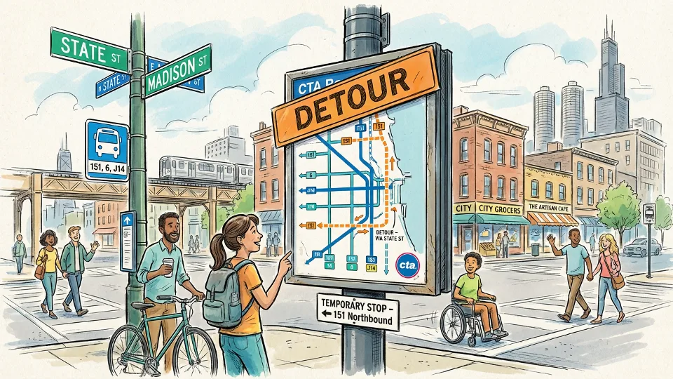 CTA route map showing bus detour with street signs visible at intersection