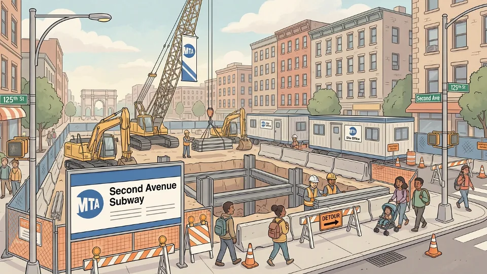 Second Avenue subway construction site at 125th Street with MTA signage and equipment
