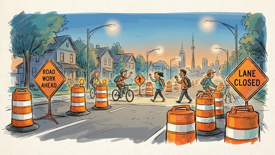 Road work zone at dusk with orange construction barriers and closed lane signs, residential area visible in background