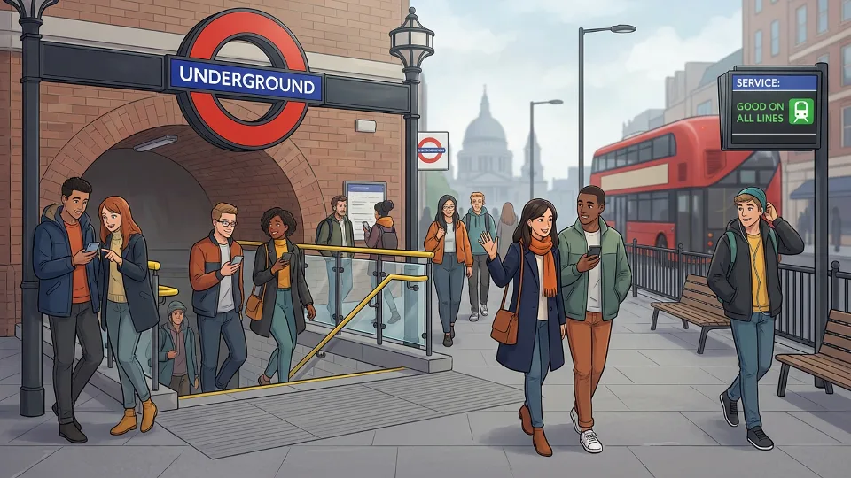 London Underground station entrance with passengers checking mobile phones