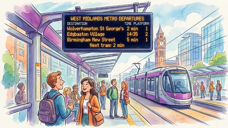 Digital departure board showing tram schedule times at transit station
