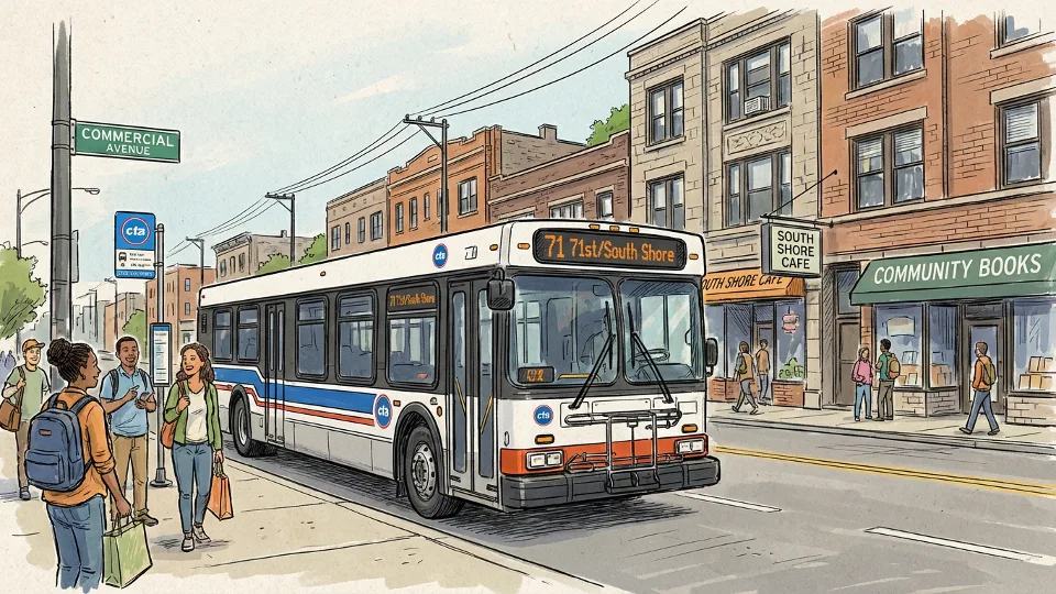 CTA bus route 71 traveling through Chicago's South Shore neighborhood on Commercial Avenue