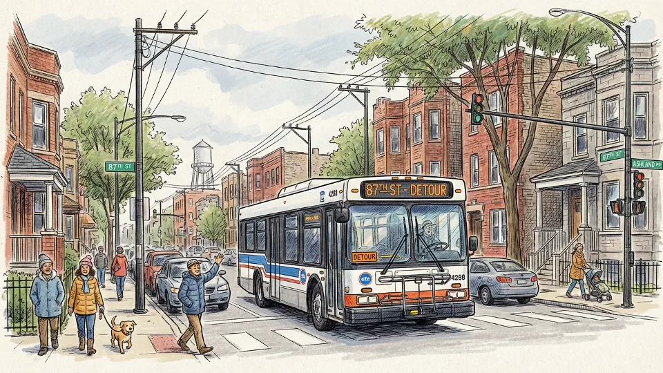 CTA bus navigating a detour route on a Chicago South Side street with traffic and residential buildings