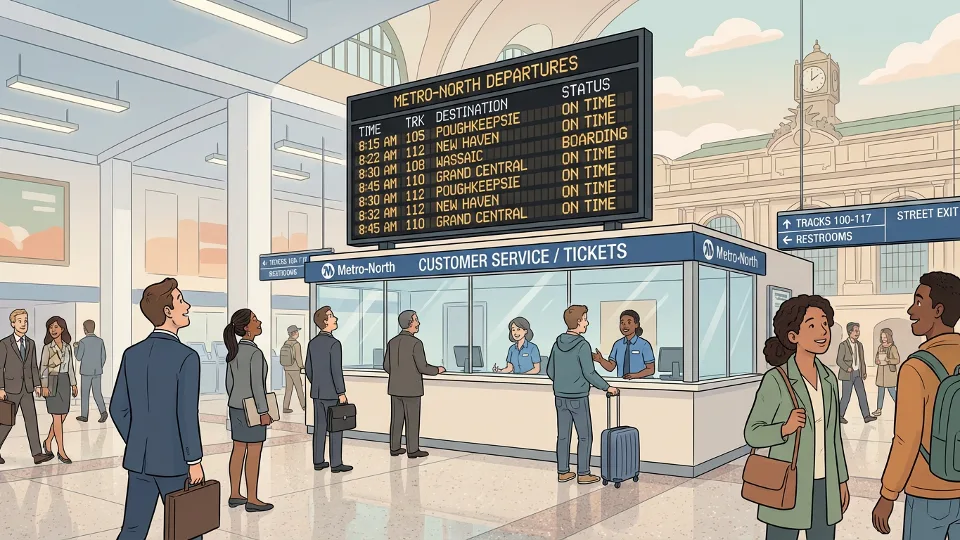 Metro-North station information board and customer service area with commuters