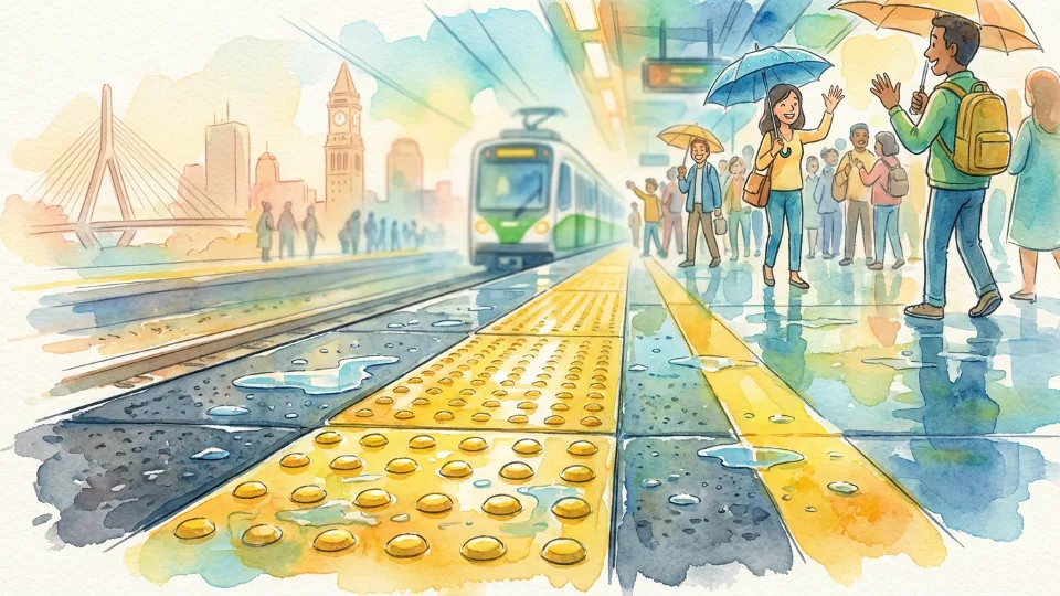Close-up of wet transit platform surface with caution markings