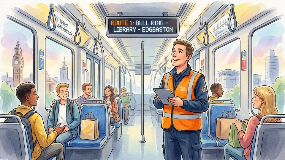 Transit worker checking digital display system inside tram vehicle