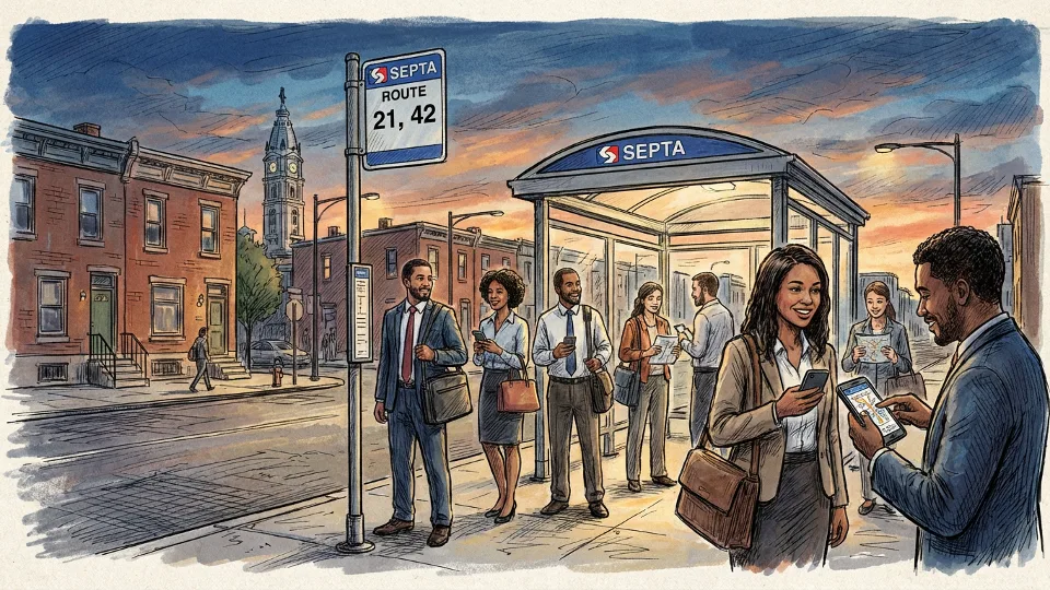 Transit passengers waiting at bus stop during evening commute hours