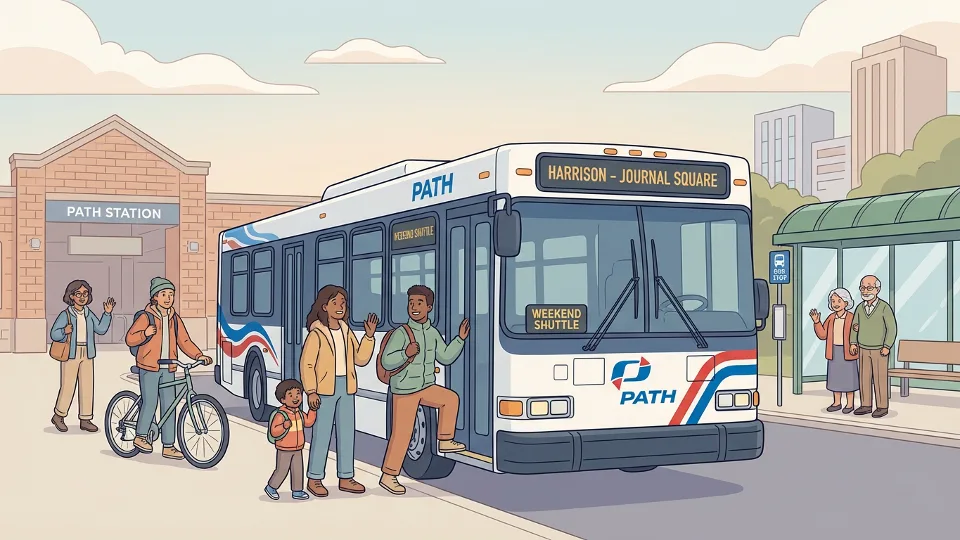 PATH shuttle bus at transit stop with route information displayed. Alt text: PATH shuttle bus replacement service Harrison Journal Square weekend. Composition: Close-up of shuttle bus with clear PATH branding, route signage visible, showing alternative transportation option.