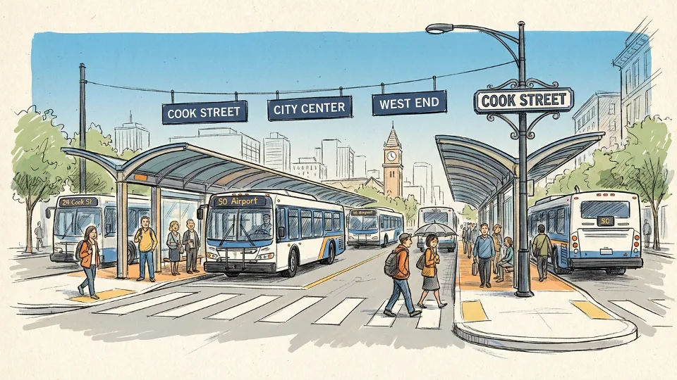 Cook Street transit terminus with multiple bus bays and passenger waiting areas