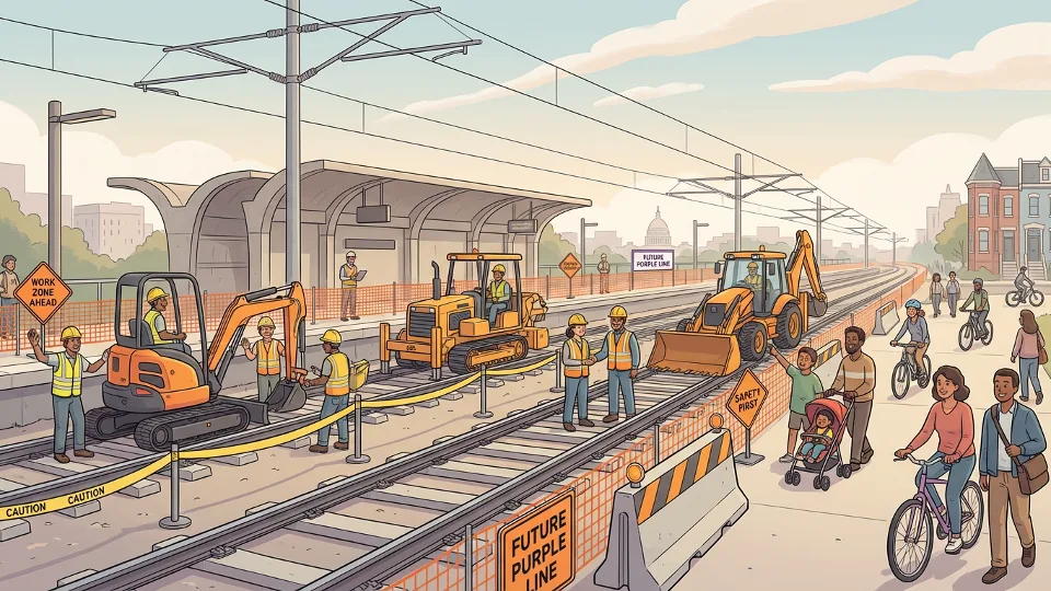 Metro track maintenance work with construction equipment and safety barriers. Alt text: Washington Metro track work zone with construction equipment for Purple Line project. Composition: Wide shot showing track area and work zone setup, highlighting infrastructure coordination.