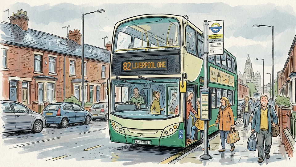 Liverpool bus at stop on residential street showing normal service operations