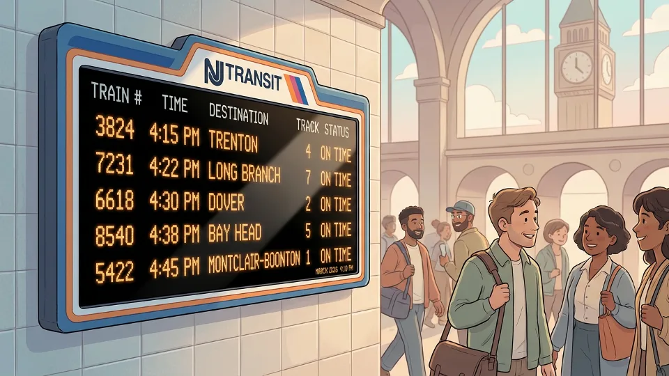 NJ Transit departure board at Penn Station showing on-time train schedules after service restoration. Alt text: NJ Transit Penn Station departure board normal service March 2026. Composition: Close-up of digital departure board displaying multiple on-time trains, emphasizing service recovery.