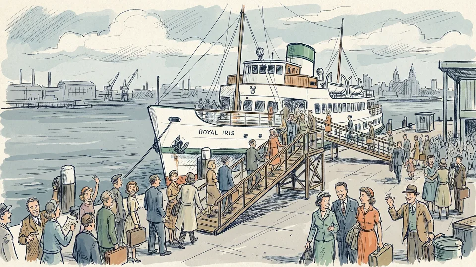 Passengers boarding Royal Iris ferry at Mersey ferry terminal with crowds gathered on dock