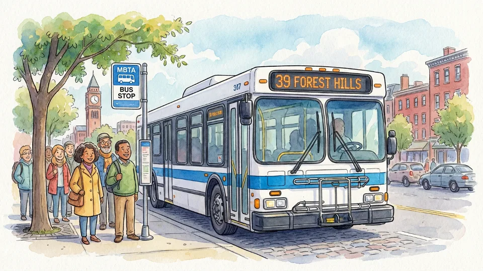 MBTA bus at Boston street stop with route number display visible